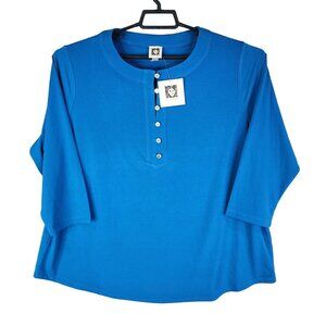 Womens Blue Anne Klein Top Blouse 1/2 Button 3/4 Sleeve Round Neck Size 1X